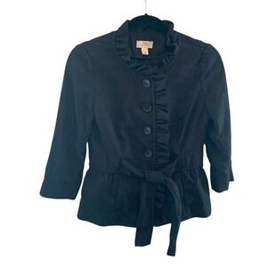 LOFT Ruffle Jacket Tie Waist Black Cropped 3/4 Sleeve‎ Linen/Cotton Blend Size 2